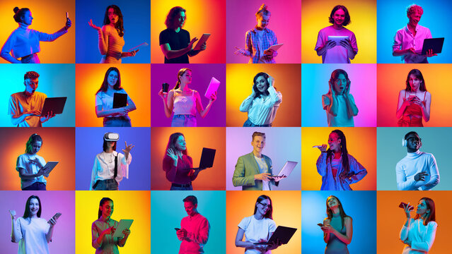 Collage. Different young people, men and women using various gadgets over multicolored background in neon light. Concept of human emotions, diversity, lifestyle, facial expression