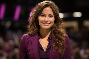 Obraz premium Smiling young woman in a purple blazer at a corporate event, with a blurred indoor background and focused lighting on her.