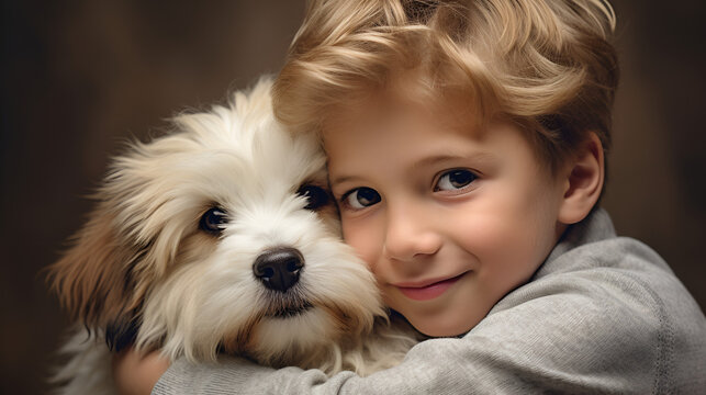 Little boy hugging his dog