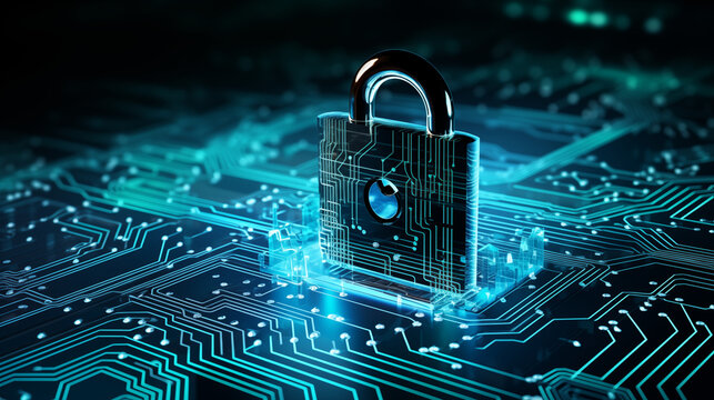 Secure connection concept of computer motherboard closeup and lock with login - Generative AI