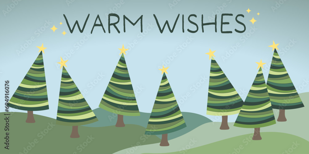 Poster warm wishes - schriftzug in englischer sprache - herzliche grüße. grußkarte mit weihnachtsbäumen.