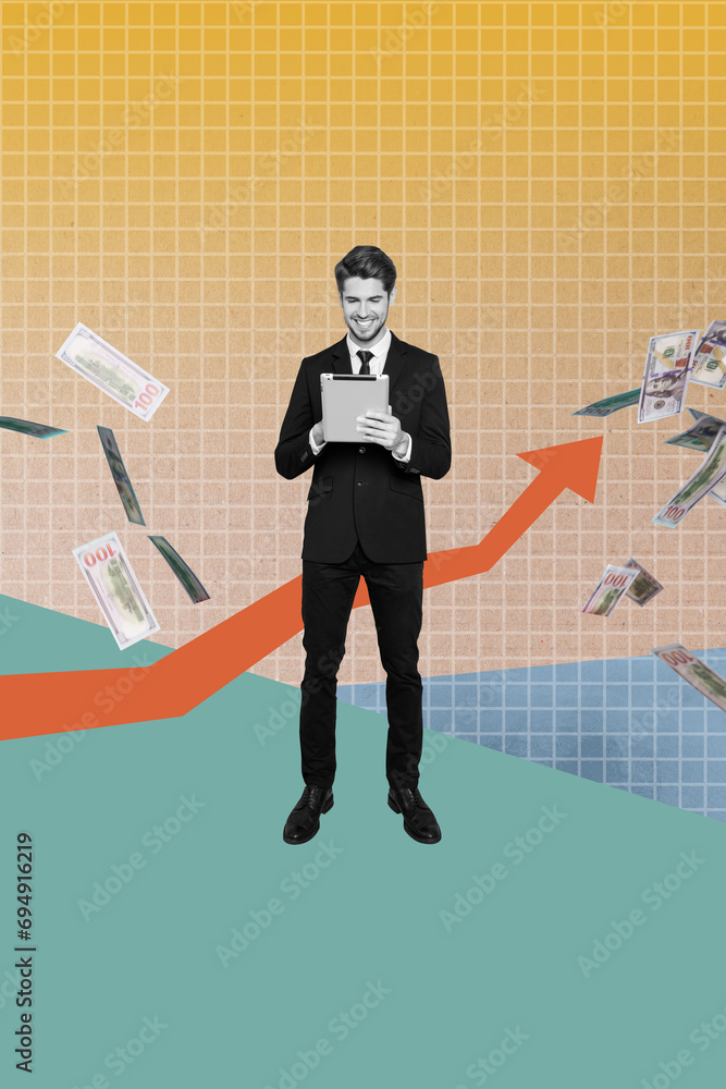 Poster creative retro 3d magazine collage image of confident worker creating earning cash app isolated colo