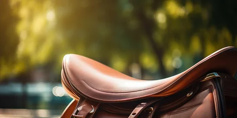 Foto op Plexiglas Horse riding saddle close-up, equestrian field behind. © nur