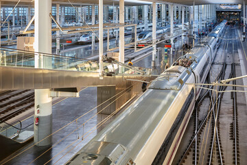 Train station platforms terminal. Efficient transport. Railway infrastructure. Indoor