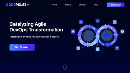 DevOps landing page hero screen concept. The processes between software development and IT teams