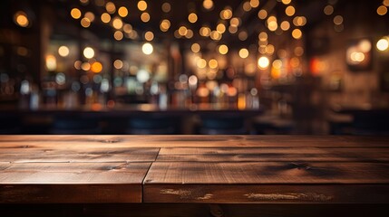 Empty wooden table in front of blurred café bar - obrazy, fototapety, plakaty