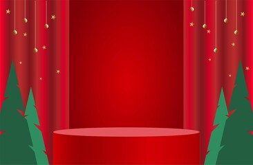 Merry Christmas banner with stage product display cylindrical shape and festive decoration for christmas.