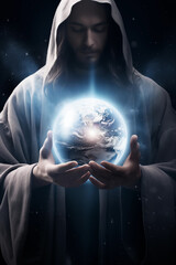 Jesus Christ Holding the Planet Earth in his hands - salvation concept art - Celestial Savior -...