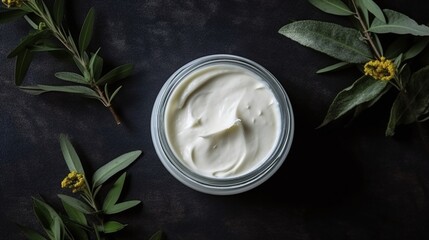 Fototapeta na wymiar Organic Skincare Cream with Natural Olive Branches on Dark Background