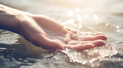 Close Up of Gentle Hand Touching Water Surface with Sunlight Reflections - obrazy, fototapety, plakaty