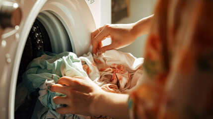 woman putting clothes in washing machine - obrazy, fototapety, plakaty