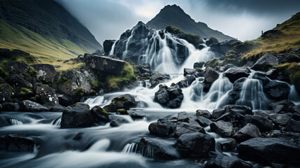 Long exposure mountain waterfall  moody sky hyperdetail - obrazy, fototapety, plakaty