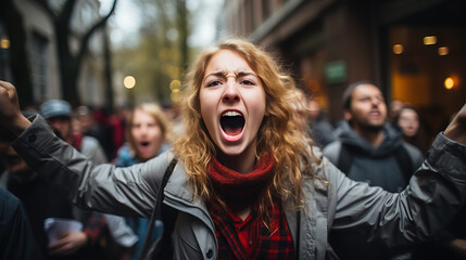 A passionate woman activist shouting at a protest rally, expressing intense emotions amidst a crowd of demonstrators.