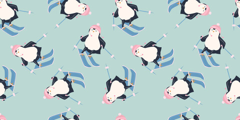 Seamless pattern with cute penguin  skiing. Animals pattern. Penguin cartoon on winter background. Great for wrapping paper design, fabric, textile. Christmas and New Year background © AnChem07