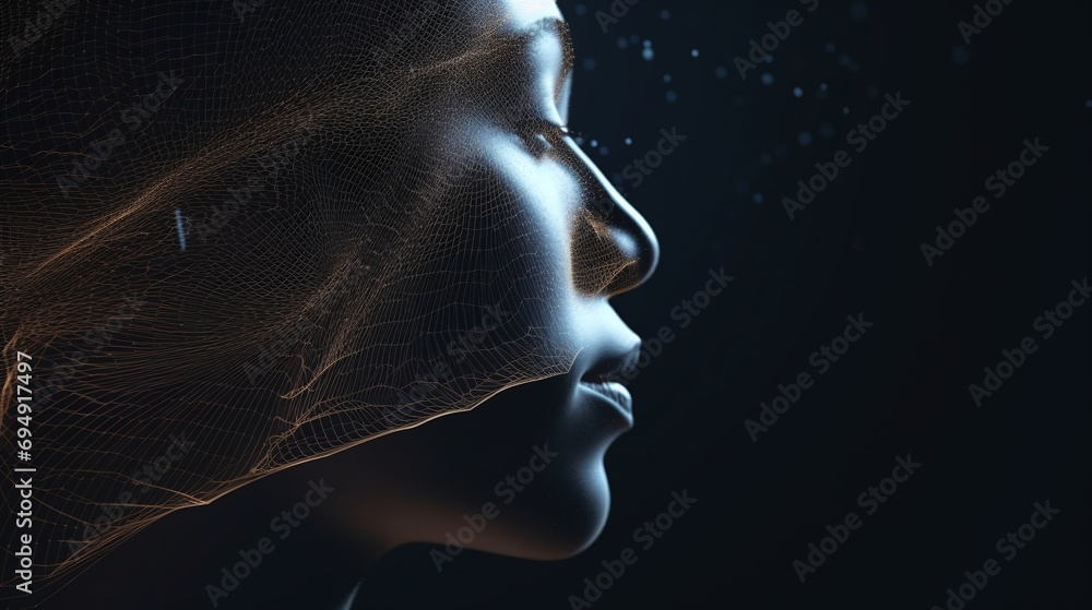Poster digital human face profile with futuristic wireframe mesh technology on dark background