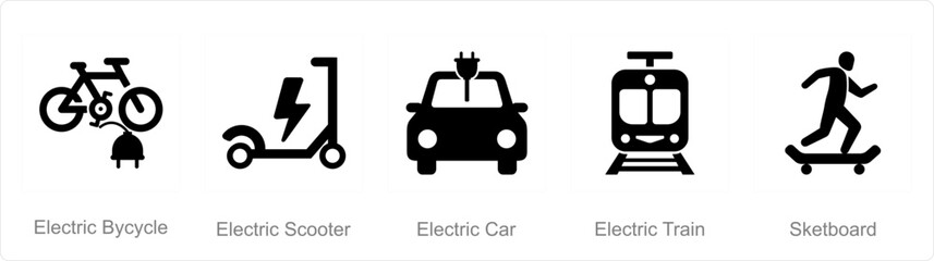 A set of 5 Mix icons as electric bicycle, electric scooter, electric car