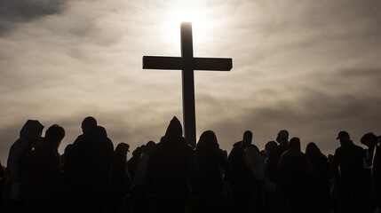 Silhouetted Group of People Gathered Around a Large Cross at Sunset with Dramatic Sky Background