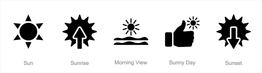 A set of 5 Mix icons as sun, sunrise, morning view