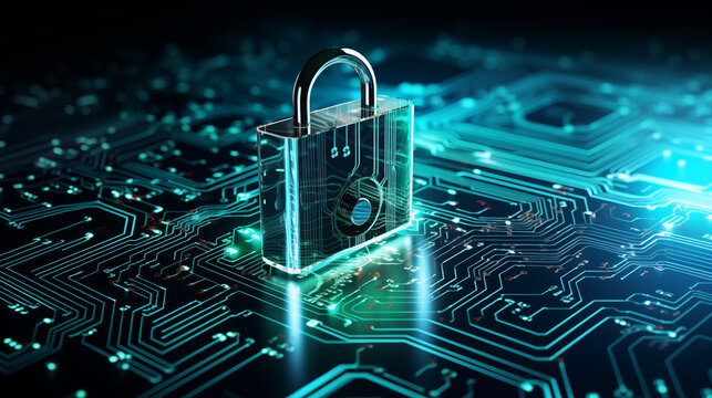 Security Futuristic Backgraund with chip, motherboard and lock  - Generative AI