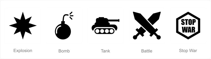 A set of 5 Mix icons as explosion, bomb, tank