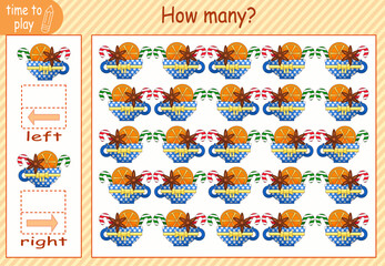 children's educational game, tasks. count how many elements will be placed on the right and how many on the left. New Year. New Year's cup