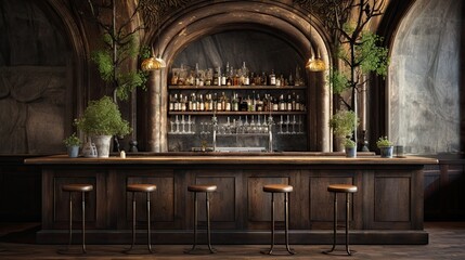 empty round wooden table surface with blurred bar back