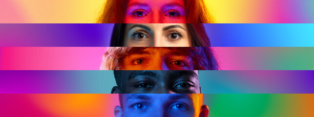 Collage. Stripes. Close-up image of male and female eyes over multicolored background in neon...