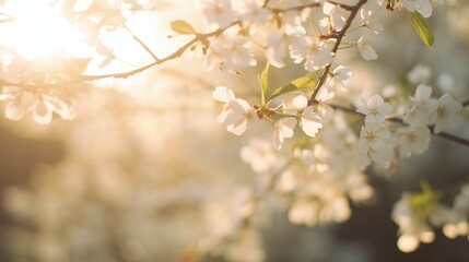 Naklejka premium Sunlit Cherry Blossom Branches in Springtime Bloom with Warm Golden Hour Light