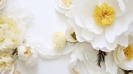 Elegant White Peony Flowers Blooming with Soft Petals and Vibrant Yellow Centers on a Pristine Background