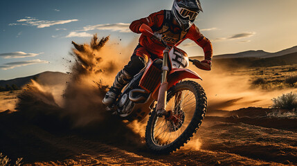 A motocross rider kicks up dust during an intense ride at sunset, capturing a moment of extreme sport action.