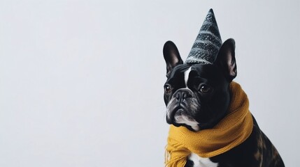 Adorable Brindle French Bulldog Wearing Party Hat and Yellow Scarf on Neutral Background