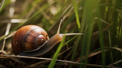 Brown Garden Snail Crawling in Green Grass with Warm Sunlight Nature Wildlife Closeup 