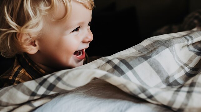 Happy Toddler Boy Laughing in Bright Room with Plaid Blanket