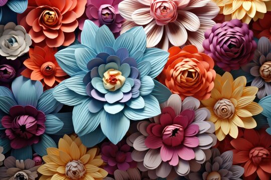 Fototapeta 3d floral wallpaper color variation flowers and leaves 3d render background wall decoration Beautiful fantasy vintage flower Ai generated