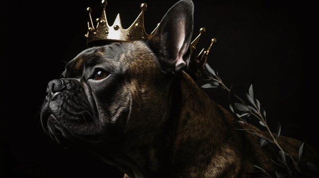 Regal French Bulldog Wearing Golden Crown with Noble Gaze Against Dark Background