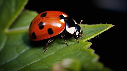 Close Up of Vibrant Red Ladybug with Black Spots on a Green Leaf with Dark Background