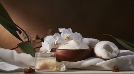 Luxurious Natural Spa and Wellness Still Life with Orchids Coconut and Cream Jar on Earthy Tones Background