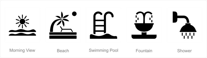 A set of 5 Mix icons as morning view, beach, swimming pool