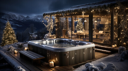 An inviting luxury cabin deck adorned with festive lights featuring a hot tub on a snowy evening, overlooking a majestic mountain view.