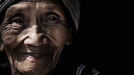 Elderly Woman with Wrinkled Face Smiling Warmly in Low Light  - obrazy, fototapety, plakaty