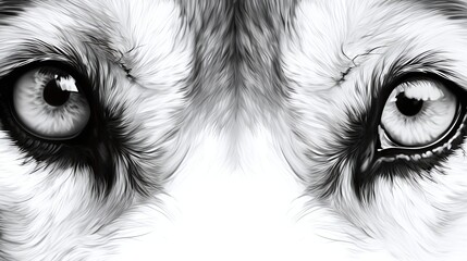 Intense Black and White Close-up of Animal Eyes in Detailed Fur Texture - obrazy, fototapety, plakaty
