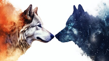 Fire and Ice Wolf Heads  Illustration with Cosmic Stardust Effect - obrazy, fototapety, plakaty