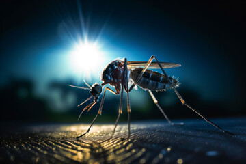 Mosquito on a summer night, close-up of the insect perched on a skin surface, illuminated by the soft glow of moonlight, emphasizing the nuisance of these nocturnal creatures.
