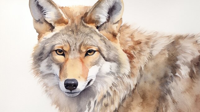 Majestic Watercolor Painting of a Detailed Wolf Portrait with Warm Tones and Artistic Brushwork