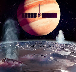 Clipper spacecraft on a flyby over Europa’s surface with Jupiter rising in the background. 3d rendering. Element of this image are furnished by Nasa © Naeblys