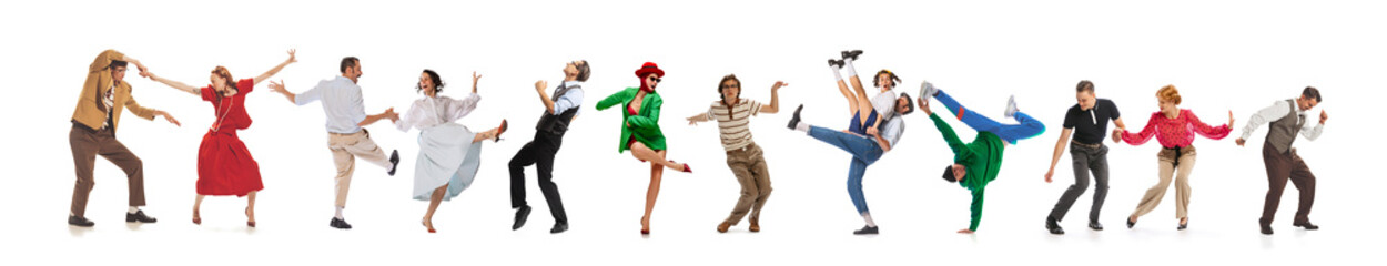 Banner. Collage made of talented people dancing in vintage clothes dancing in retro style against white background, negative space to insert ad, text - obrazy, fototapety, plakaty