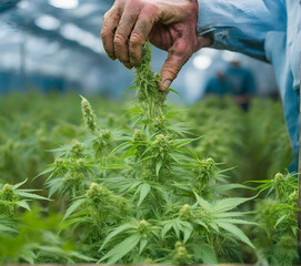 farmer picking cannabis in a green house, a farmers hand moves with care