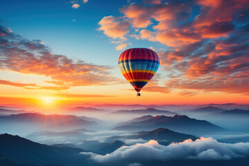 A colorful hot air balloon floats above mountain peaks during a breathtaking sunrise, symbolizing adventure and tranquility.