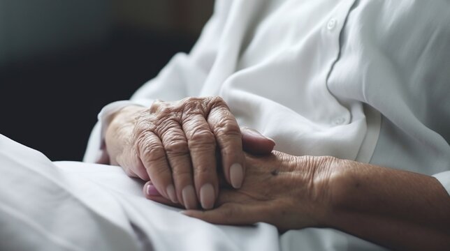 Elderly Gentle Hand Resting on White Linen Comforting Care and Aging Gracefully