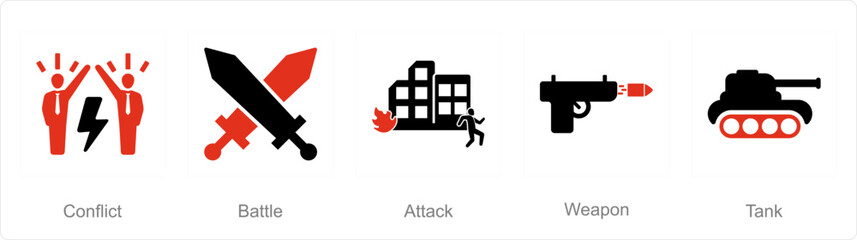 A set of 5 Mix icons as conflict, battle, attack